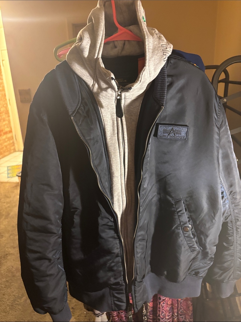 Alpha Industries Navy Bomber Jacket with Gray Hoodie Layer